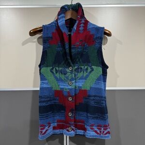 Chaps Denim Womens Vest Blue Southwestern Button Down Shawl Collar Sweater L